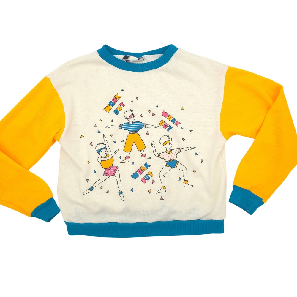 Vintage 80s Kids Work Out Aerobic Graphic Sweatshirt Colorblock Teal Small 7/8